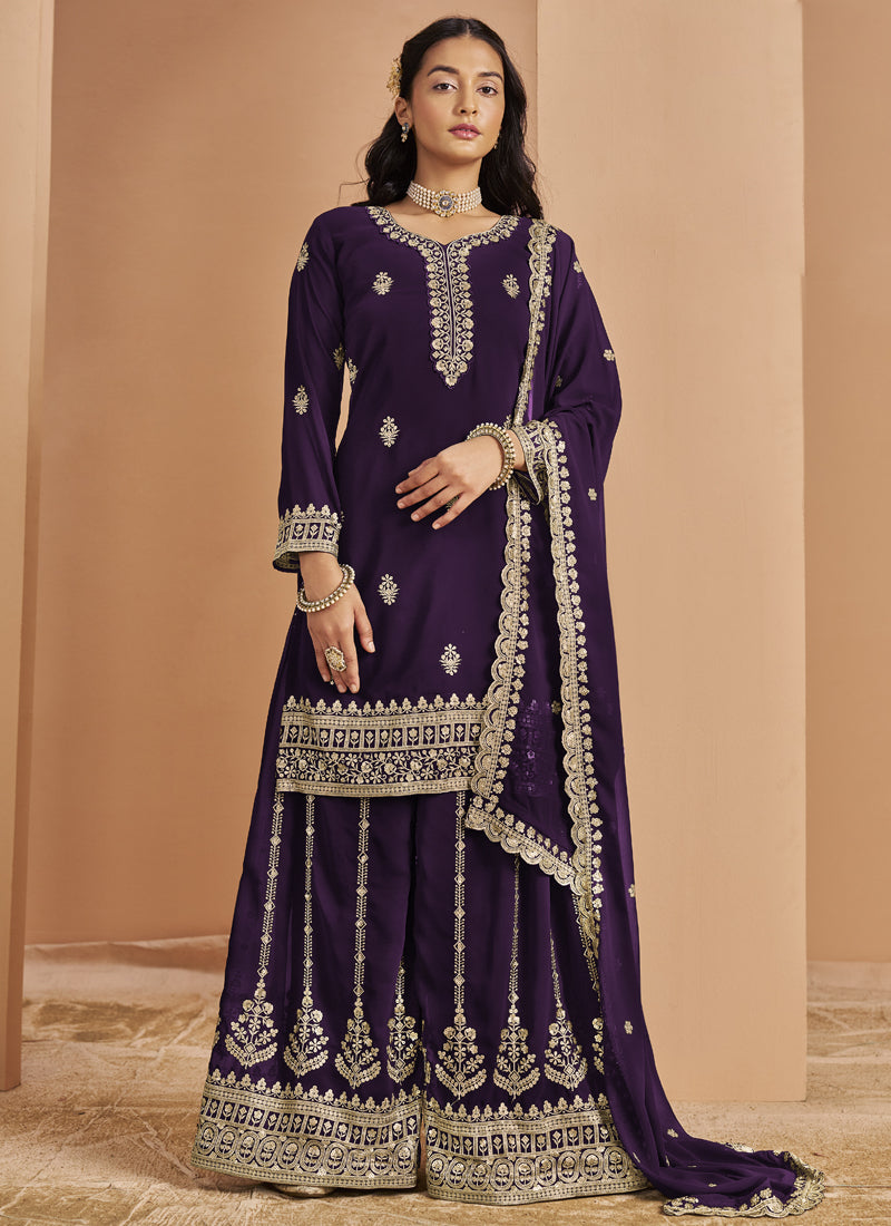 Violet faux georgette palazzo suit with intricate embroidery and gota patti