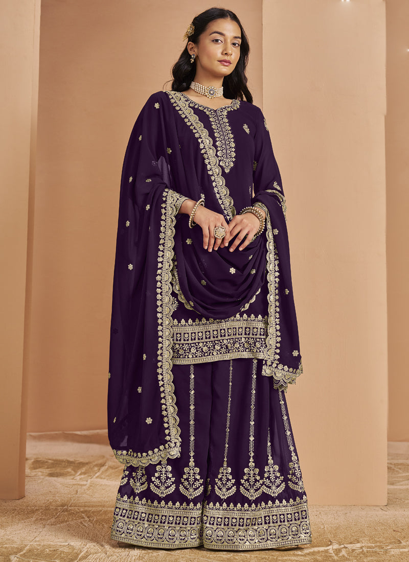 Violet Faux Georgette Embroidered Palazzo Suit Set