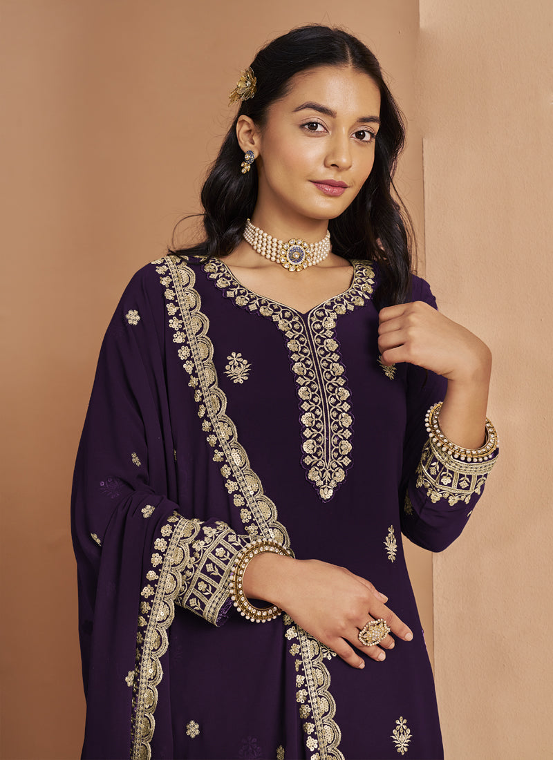 Violet Faux Georgette Embroidered Palazzo Suit Set