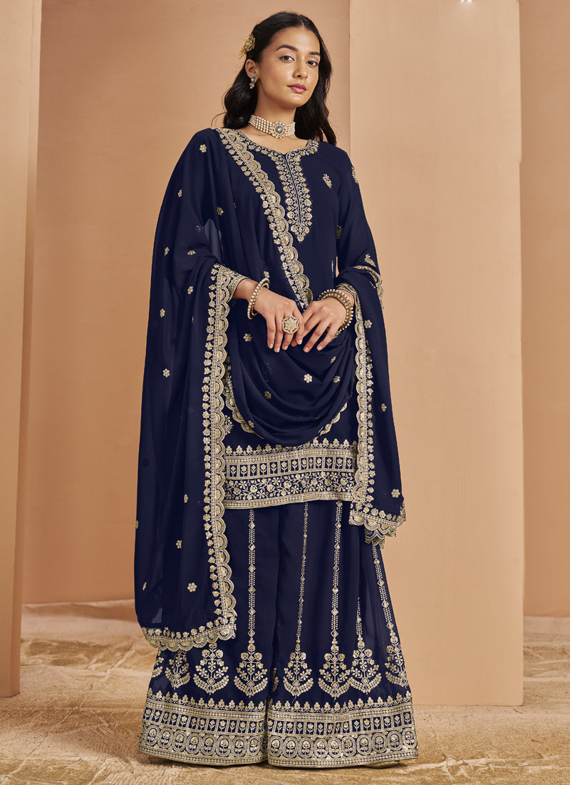 Navy Blue Faux Georgette Embroidered Palazzo Suit Set
