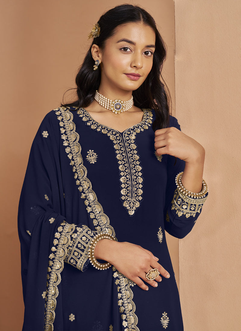 Navy Blue Faux Georgette Embroidered Palazzo Suit Set