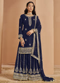 Navy blue faux georgette palazzo suit with intricate embroidery and gota patti