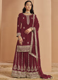 Maroon faux georgette palazzo suit with detailed embroidery and gota patti