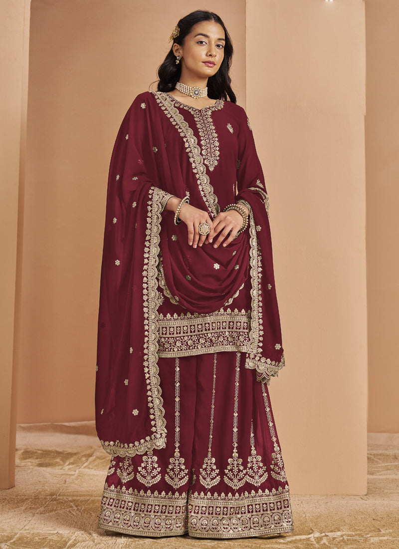 Maroon Faux Georgette Embroidered Palazzo Suit for Festivals