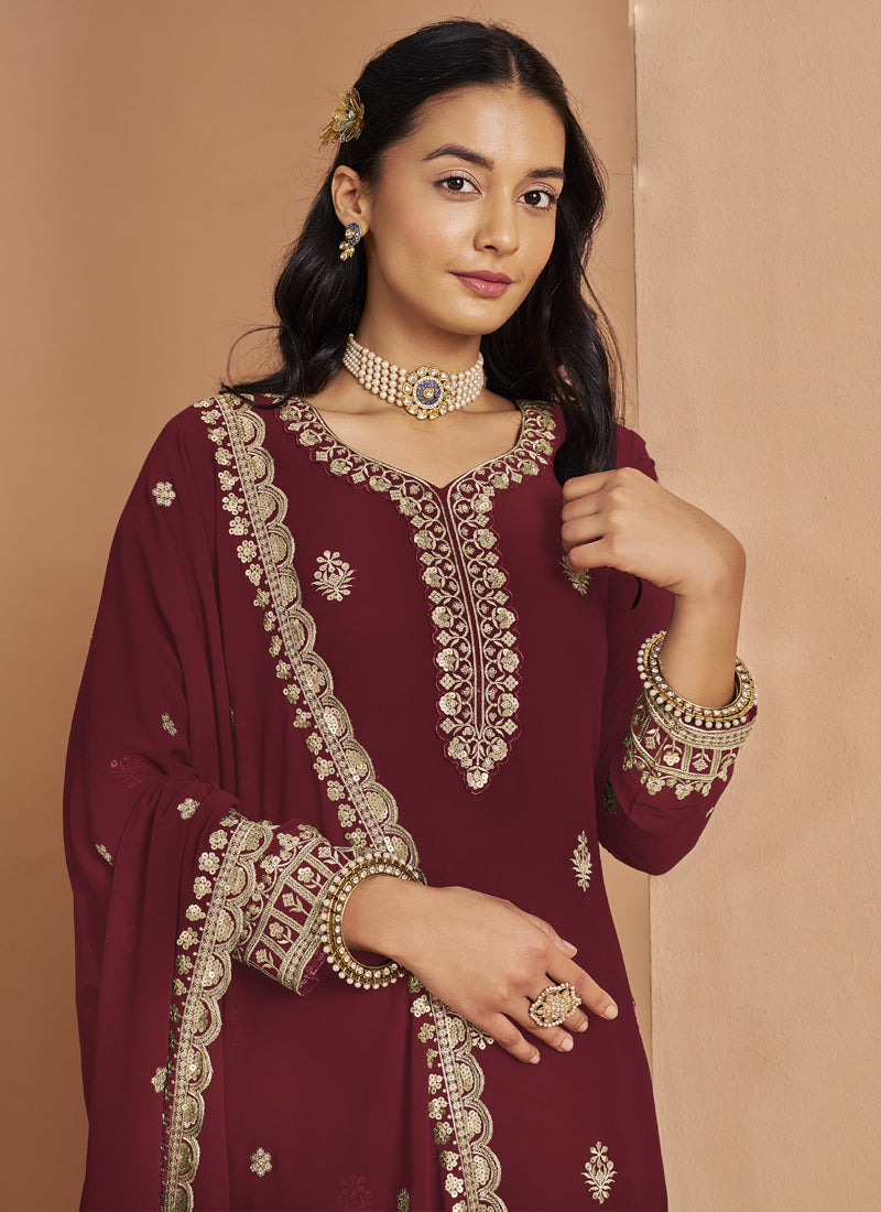 Maroon Faux Georgette Embroidered Palazzo Suit for Festivals