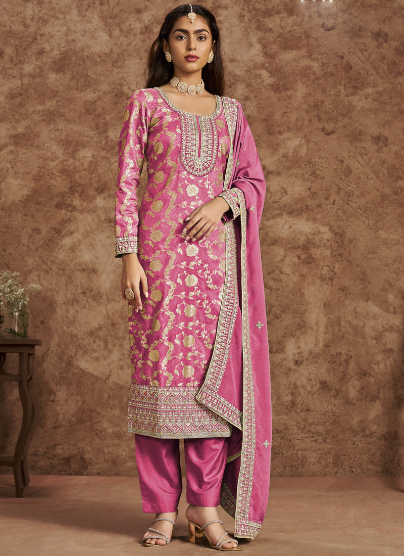 Pink Dola Silk Jacquard designer suit with intricate embroidery and gota patti.