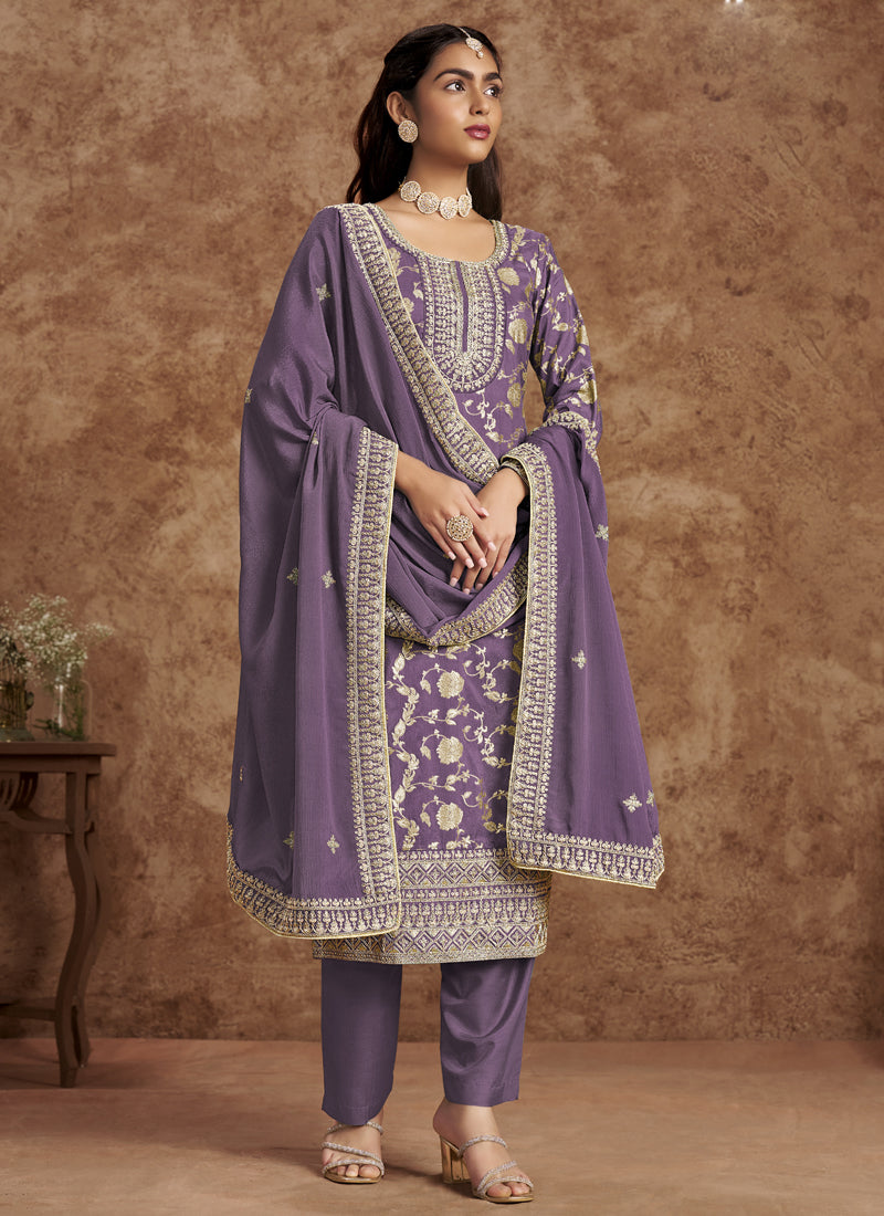 Lavender Dola Silk Jacquard Designer Salwar Suit