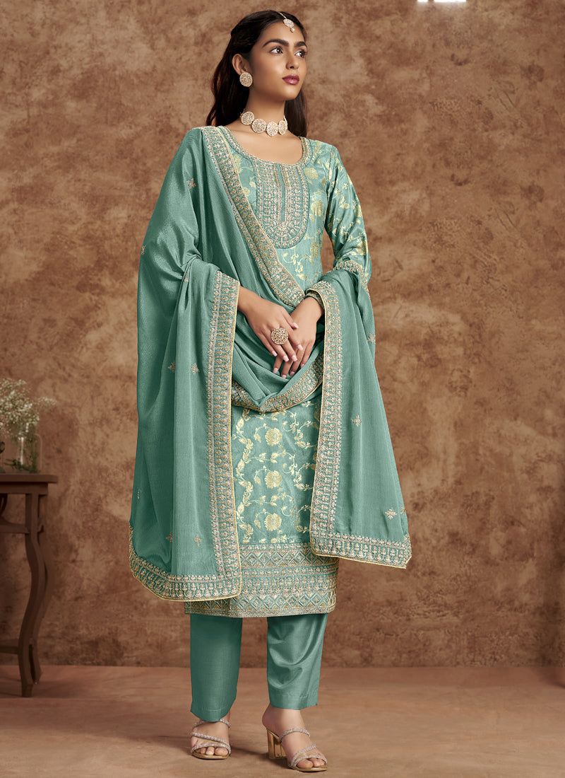 Sky Blue Dola Silk Jacquard Designer Salwar Suit