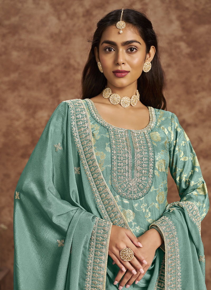 Sky Blue Dola Silk Jacquard Designer Salwar Suit