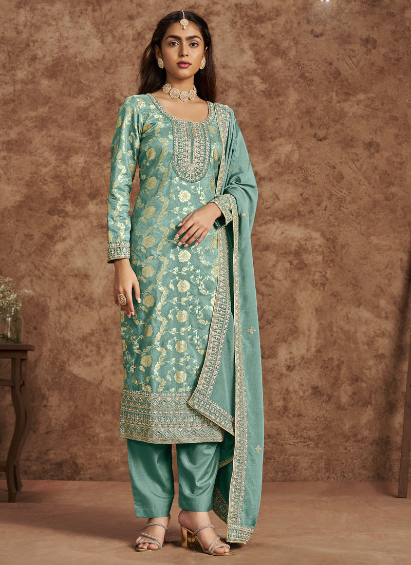 Sky Blue Dola Silk Jacquard designer Salwar suit for weddings and festive events