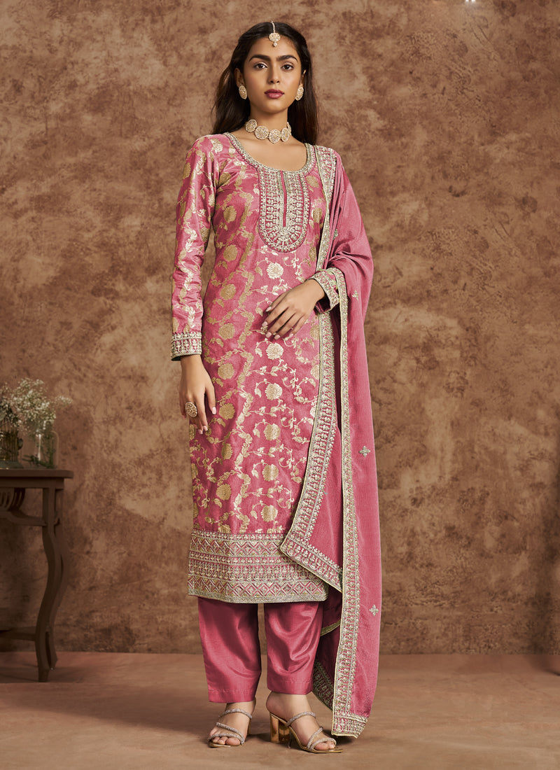 Light peach Dola silk jacquard salwar suit with embroidery and gota patti detail