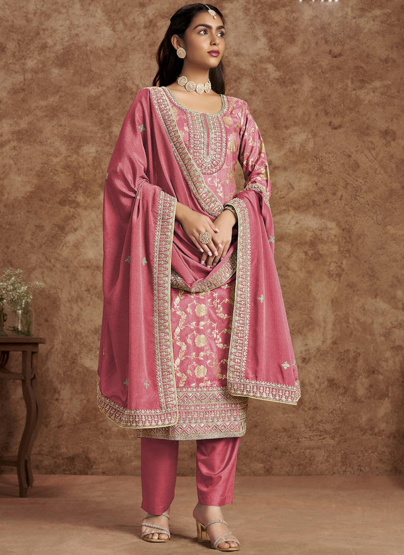Light Peach Dola Silk Jacquard Designer Salwar Suit