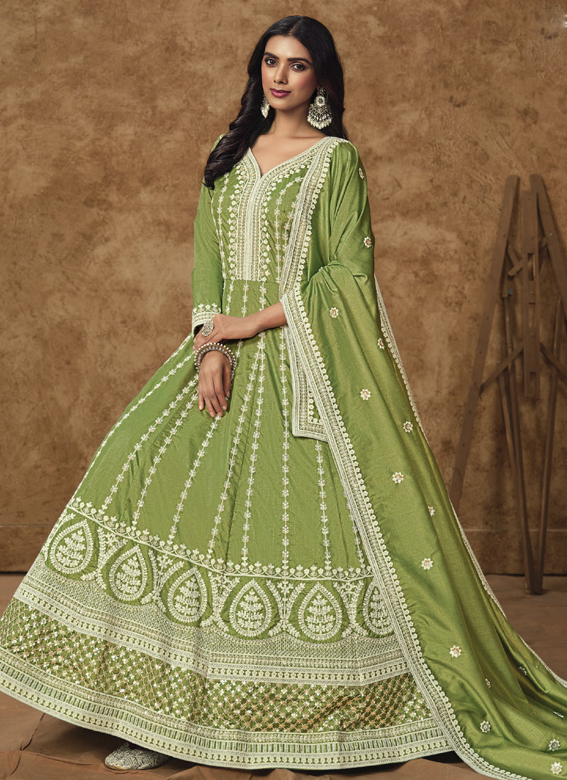 Light Green Dola Silk Embroidered Anarkali Suit for Weddings