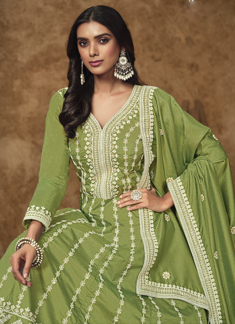 Light Green Dola Silk Embroidered Anarkali Suit for Weddings