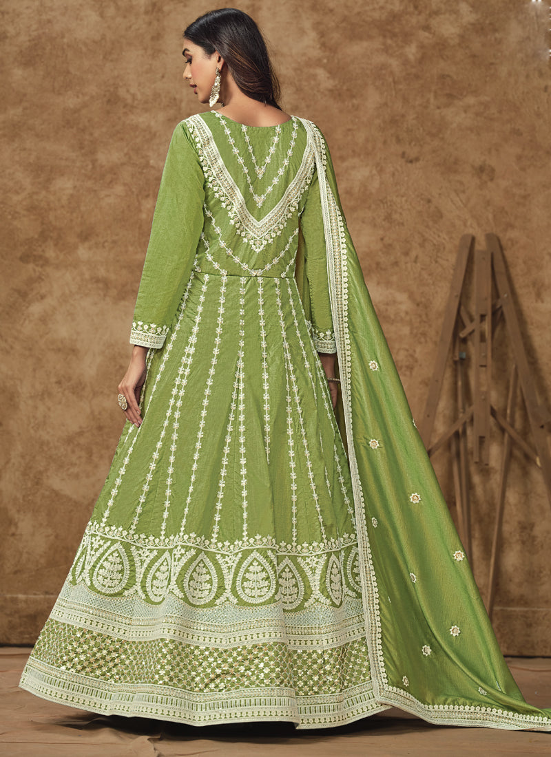 Light Green Dola Silk Embroidered Anarkali Suit for Weddings