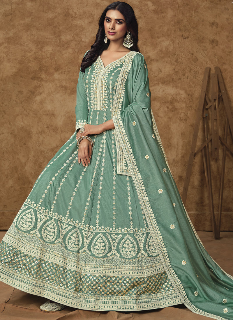 Sea Green Dola Silk Embroidered Anarkali Suit Festive Wear