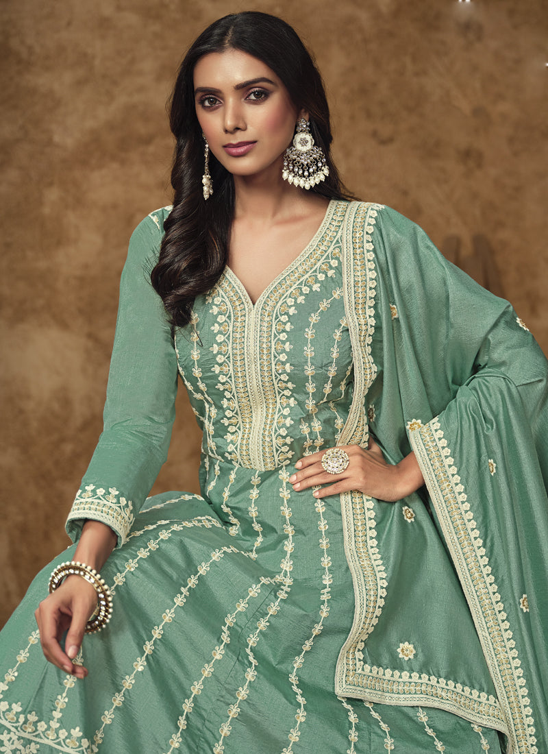 Sea Green Dola Silk Embroidered Anarkali Suit Festive Wear