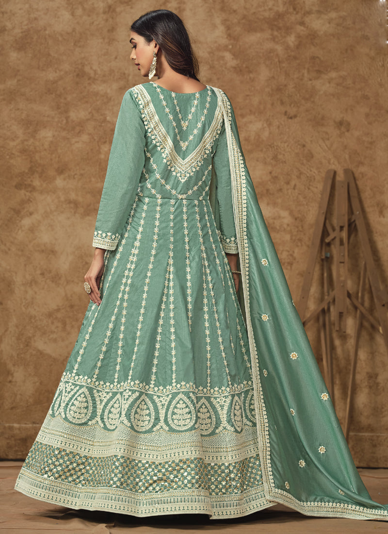 Vegaa Fashion Sea Green Dola Silk Embroidered Anarkali Suit
