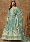 Sea Green Dola Silk Anarkali suit with festive embroidery and gota patti work