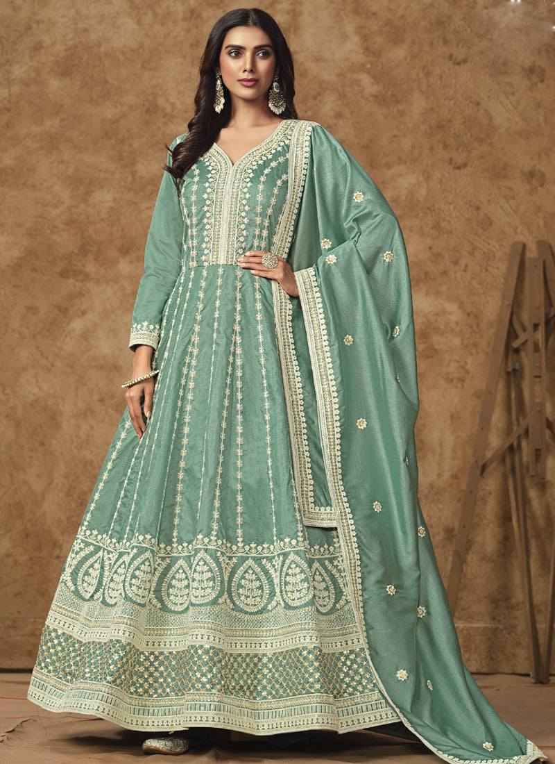 Sea Green Dola Silk Anarkali suit with festive embroidery and gota patti work