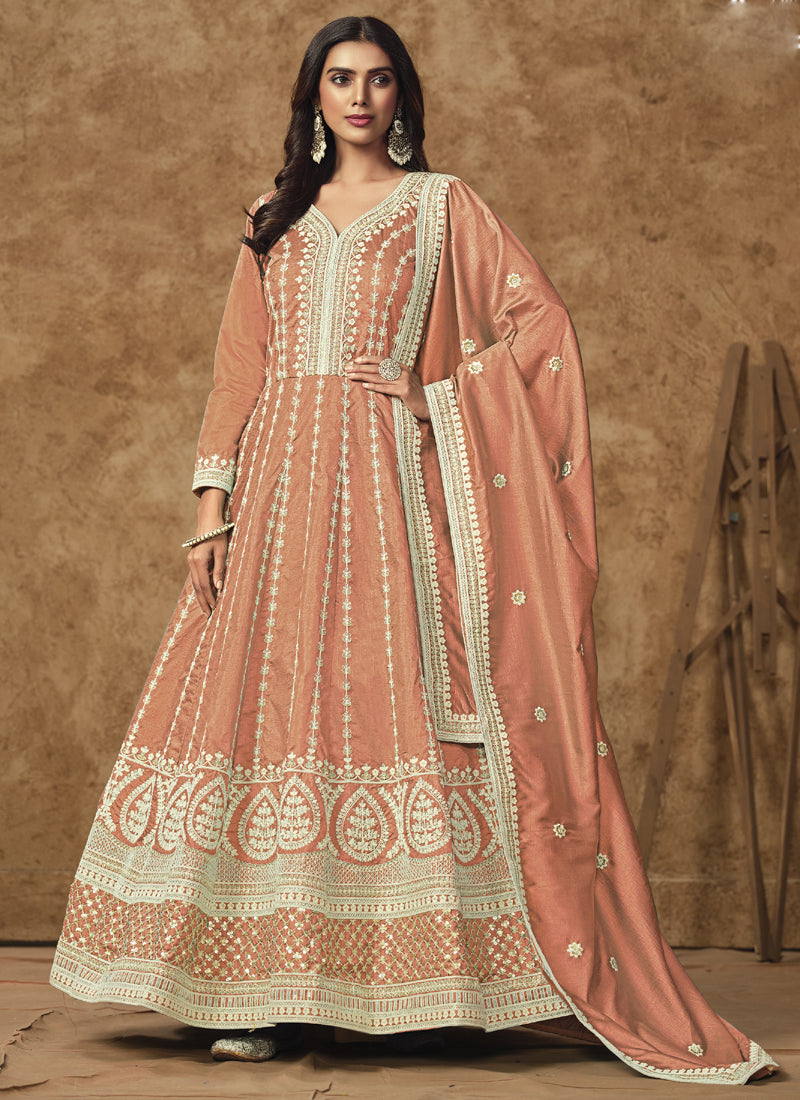 Light Orange Dola Silk Anarkali suit with detailed gota patti embroidery for weddings