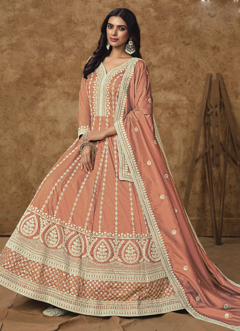 Light Orange Dola Silk Embroidered Anarkali Suit for Weddings