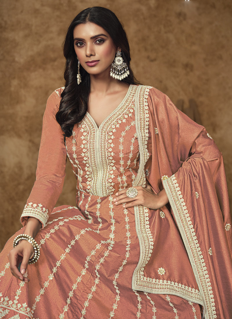 Light Orange Dola Silk Embroidered Anarkali Suit for Weddings