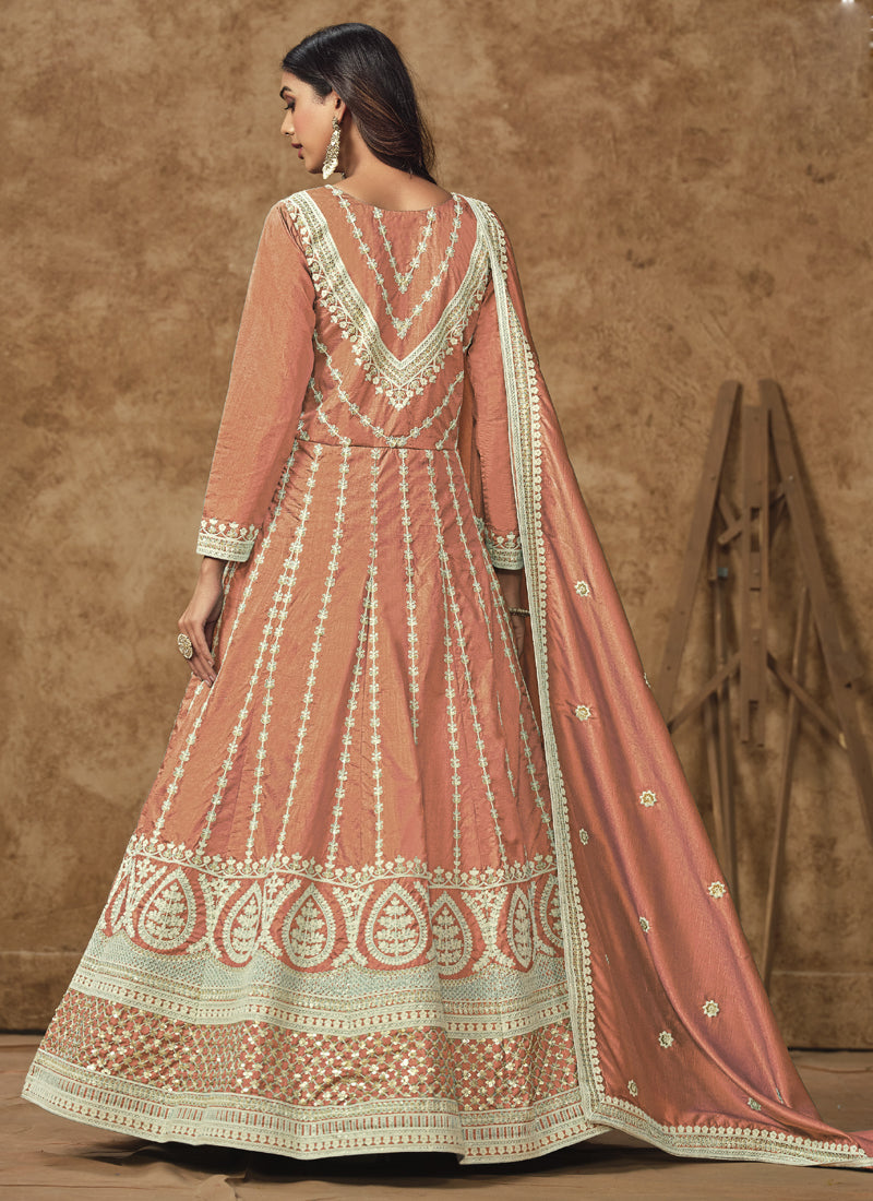 Light Orange Dola Silk Embroidered Anarkali Suit for Weddings