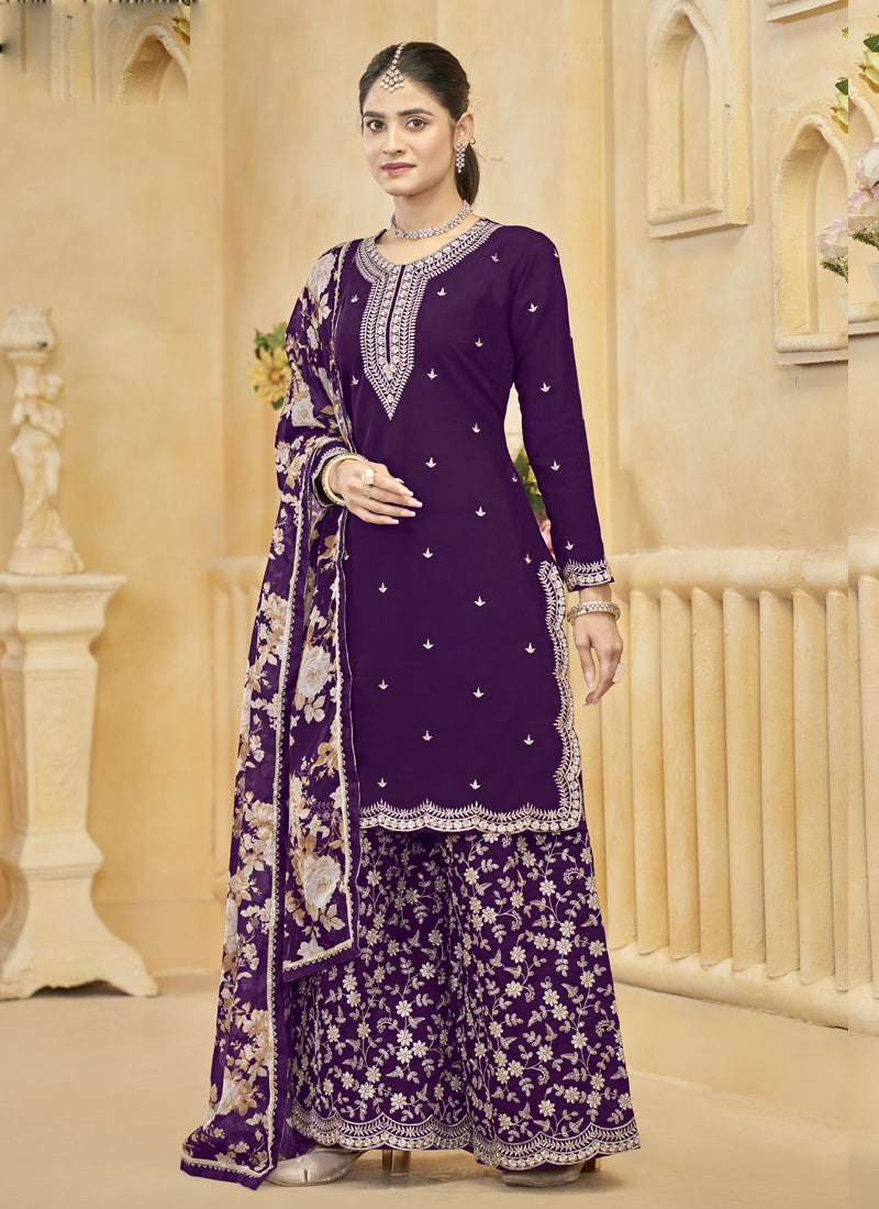 Violet Roman Silk Embroidered Palazzo Suit - Formal Wedding Wear