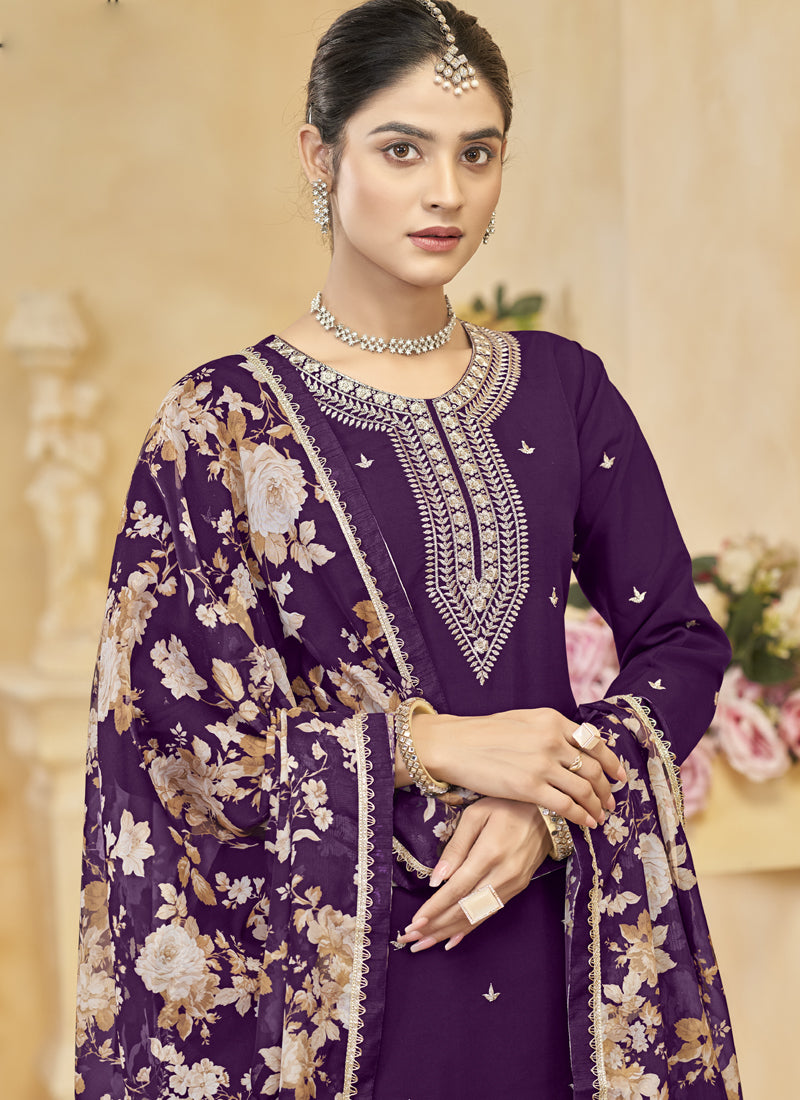 Violet Roman Silk Embroidered Palazzo Suit - Formal Wedding Wear