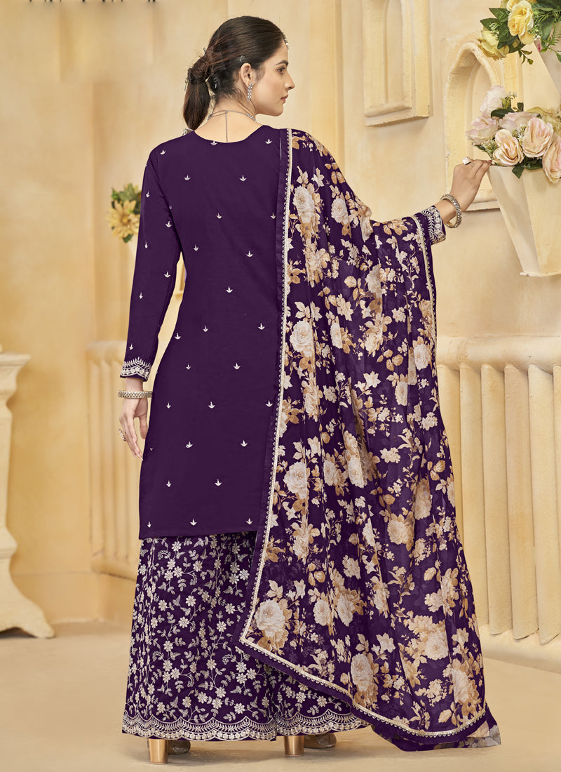 Violet Roman Silk Embroidered Palazzo Suit - Formal Wedding Wear