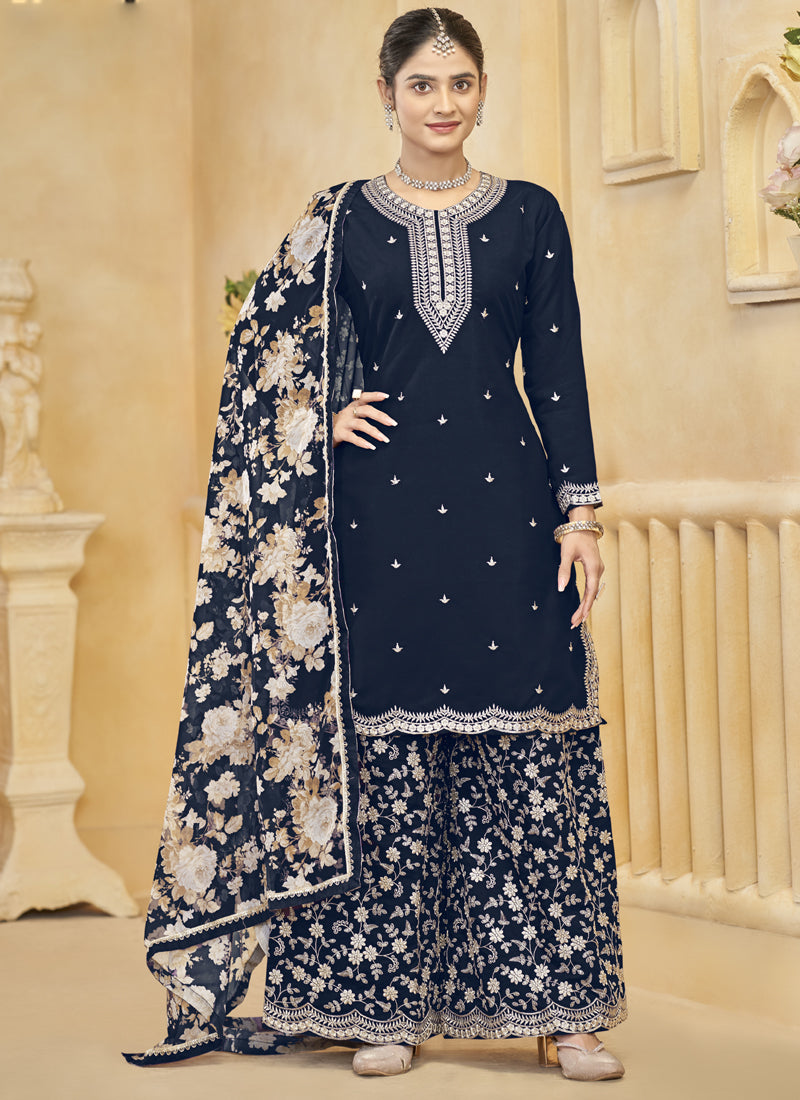 Navy Blue Roman Silk palazzo suit with intricate gota patti embroidery.
