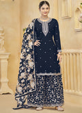 Navy Blue Roman Silk palazzo suit with intricate gota patti embroidery.