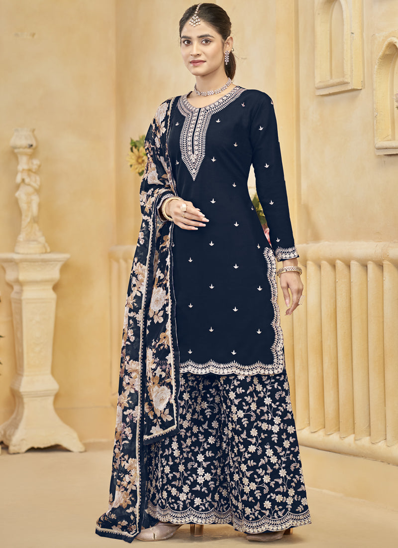 Navy Blue Roman Silk Embroidered Palazzo Suit for Festivals