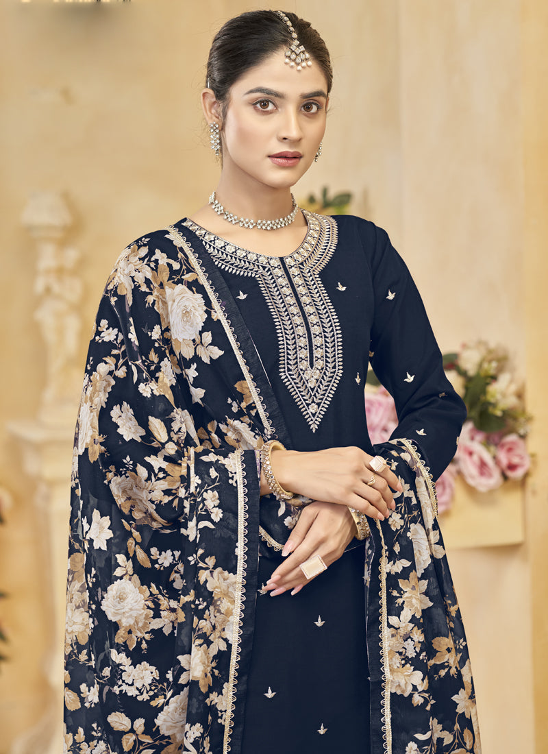 Navy Blue Roman Silk Embroidered Palazzo Suit for Festivals