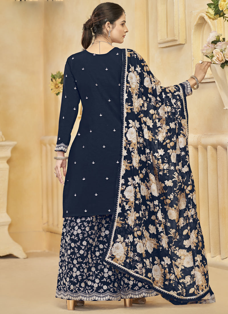Navy Blue Roman Silk Embroidered Palazzo Suit for Festivals