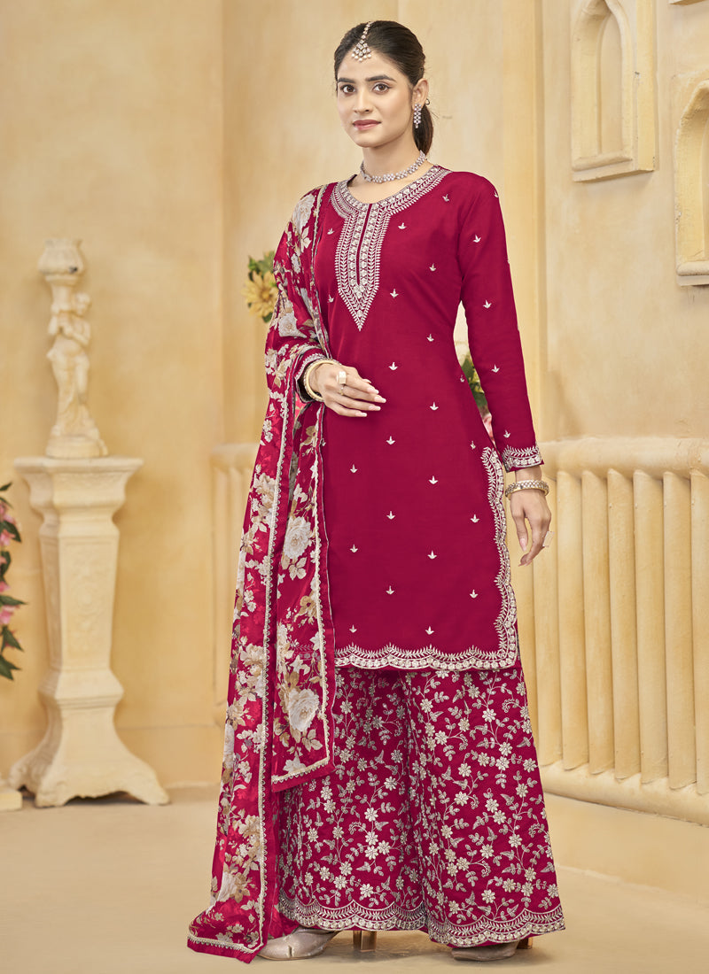 Rani Pink Roman Silk Embroidered Palazzo Suit for Weddings