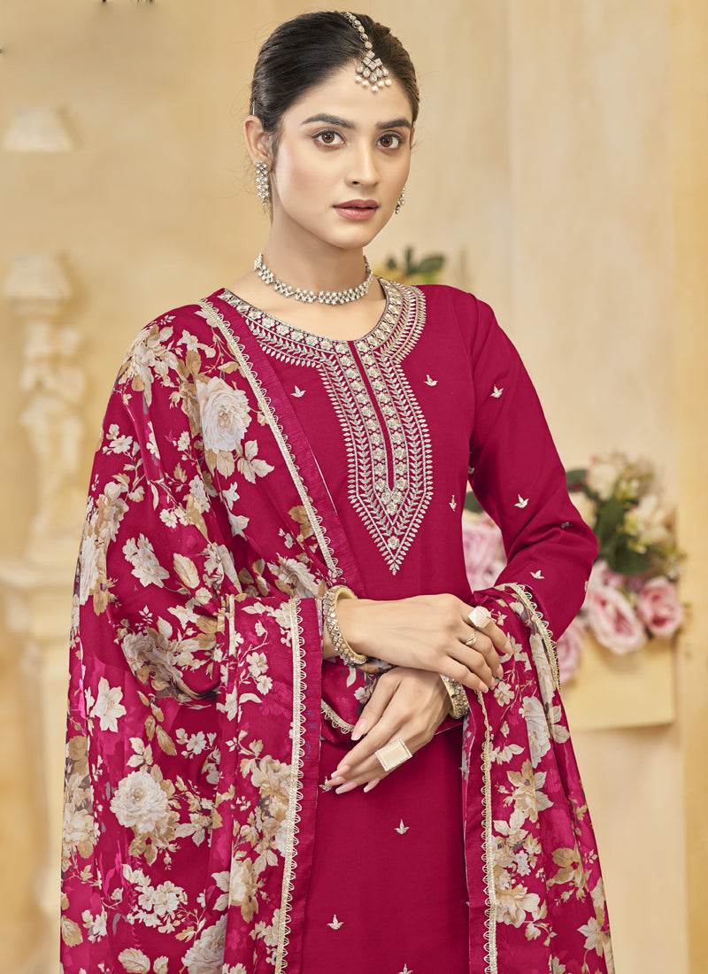 Rani Pink Roman Silk Embroidered Palazzo Suit for Weddings