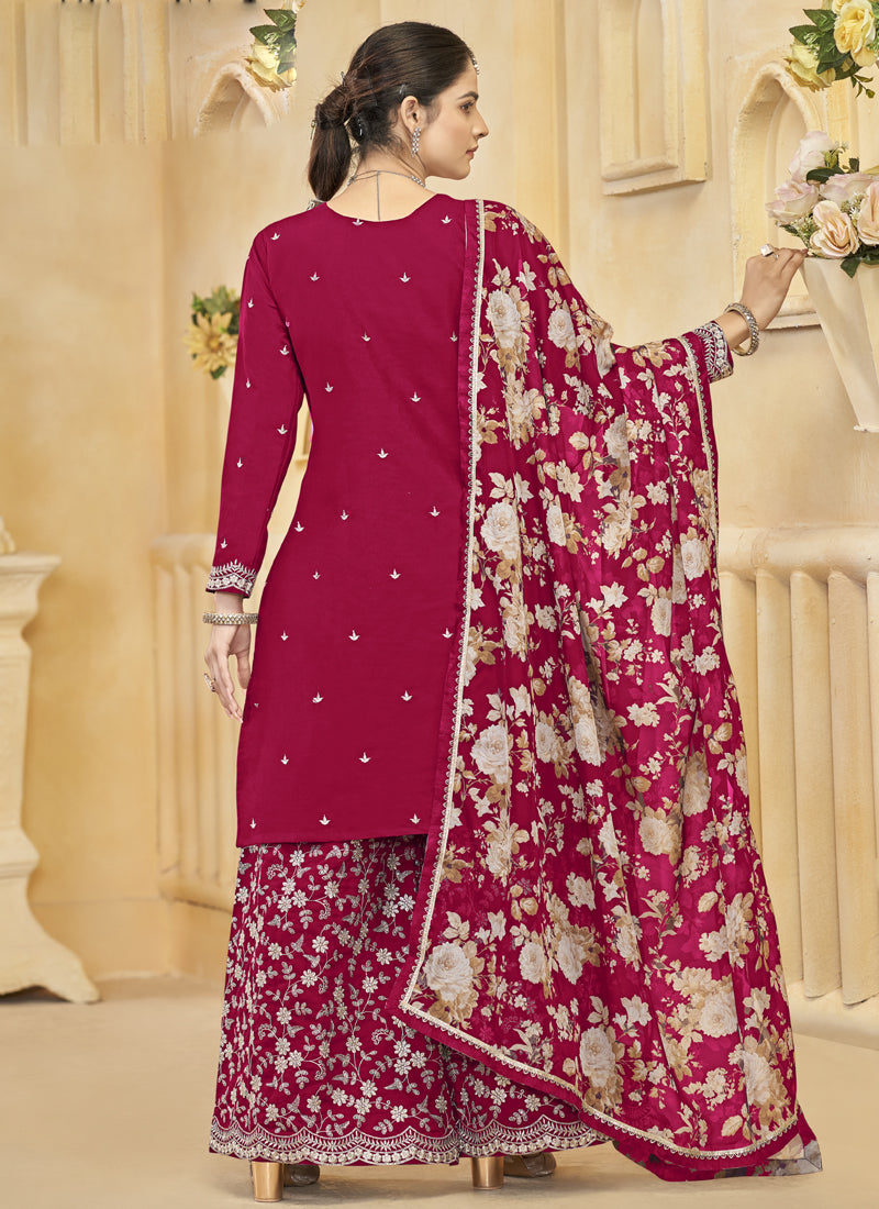 Rani Pink Roman Silk Embroidered Palazzo Suit for Weddings