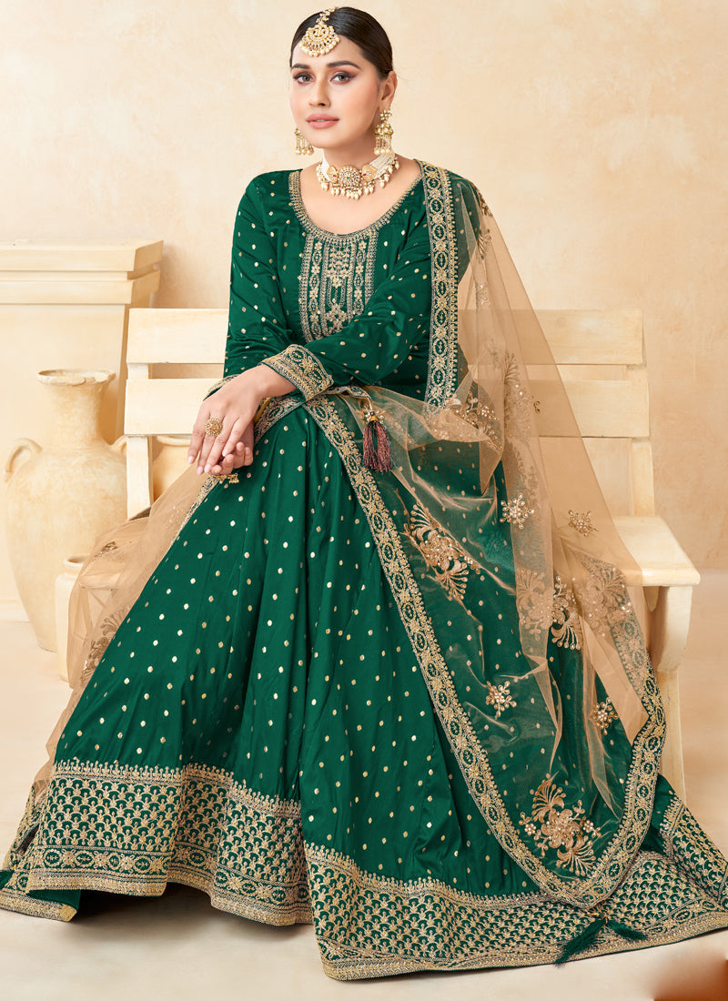 Green Taffeta Silk Anarkali Suit with Exquisite Embroidery