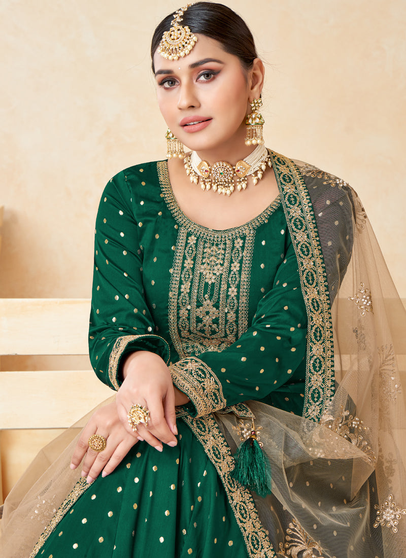 Green Taffeta Silk Anarkali Suit with Exquisite Embroidery