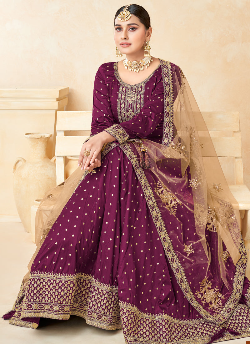 Wine Taffeta Silk Embroidery Anarkali Suit Set