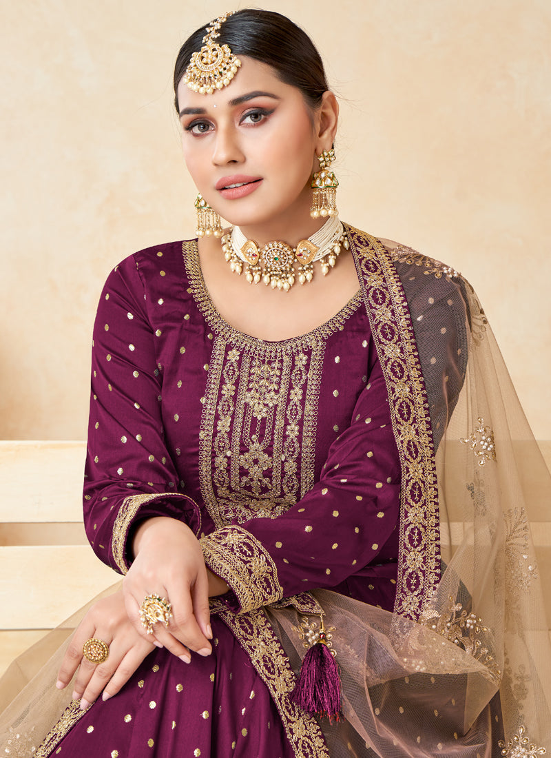 Wine Taffeta Silk Embroidery Anarkali Suit Set