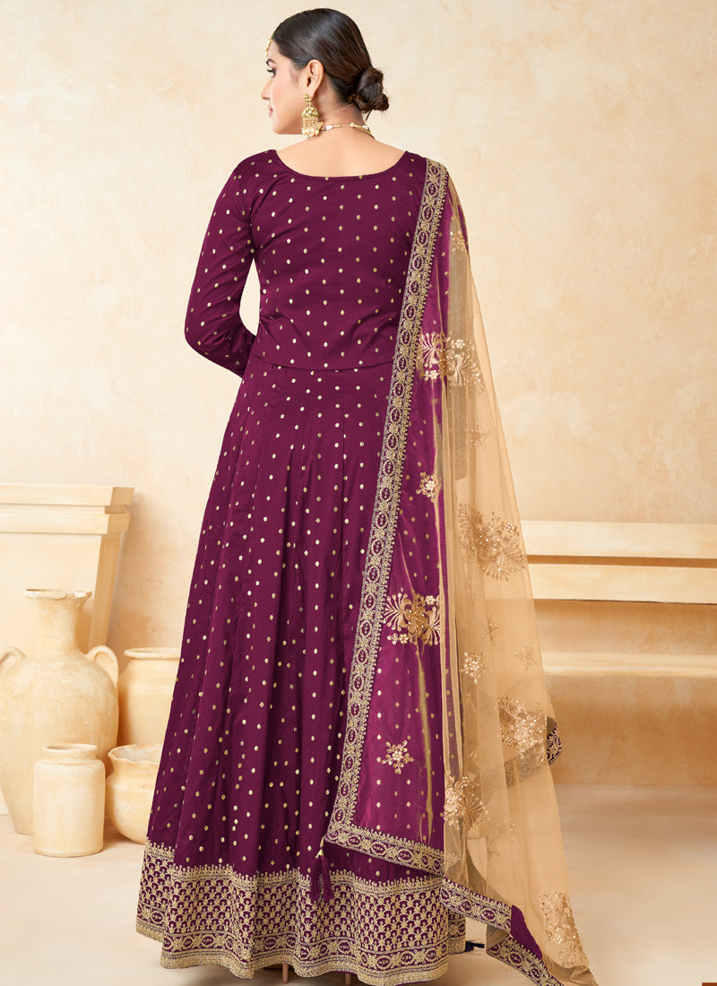 Wine Taffeta Silk Embroidery Anarkali Suit Set