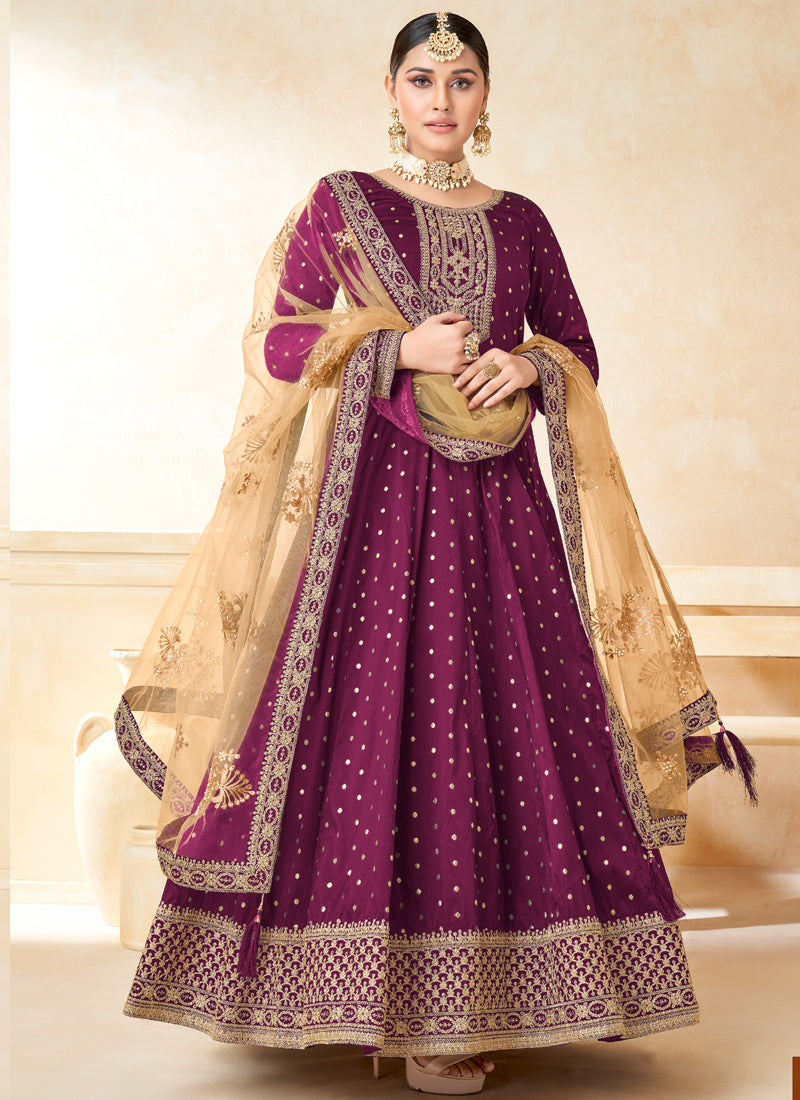 Luxurious Wine Taffeta Silk Anarkali Suit with intricate embroidery work