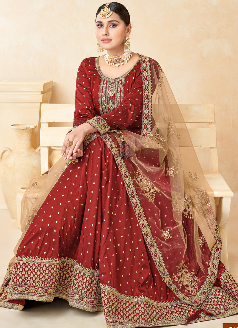 Red Taffeta Silk Embroidered Anarkali Suit Set