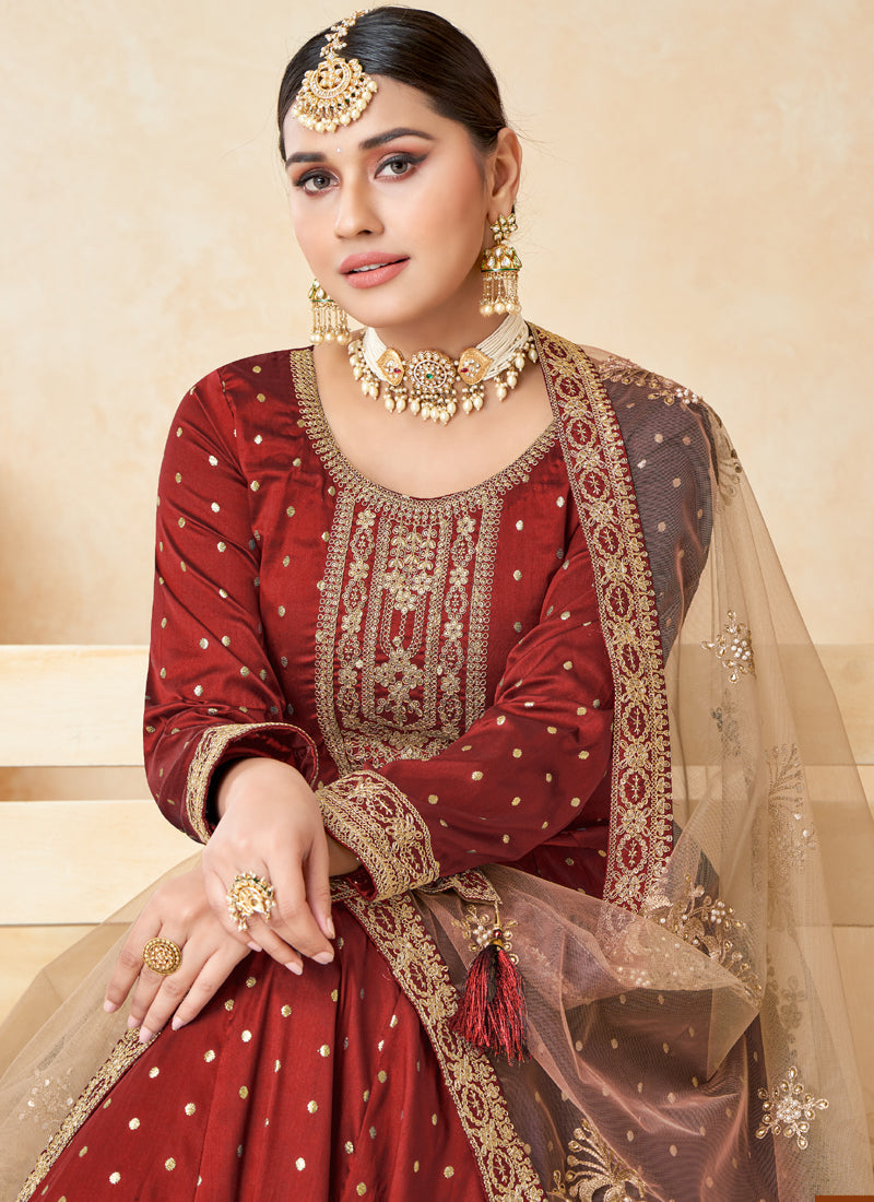 Red Taffeta Silk Embroidered Anarkali Suit Set