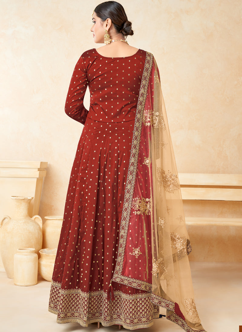 Red Taffeta Silk Embroidered Anarkali Suit Set