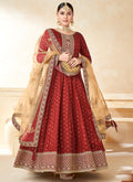 Red taffeta silk Anarkali suit with heavy embroidery and matching dupatta