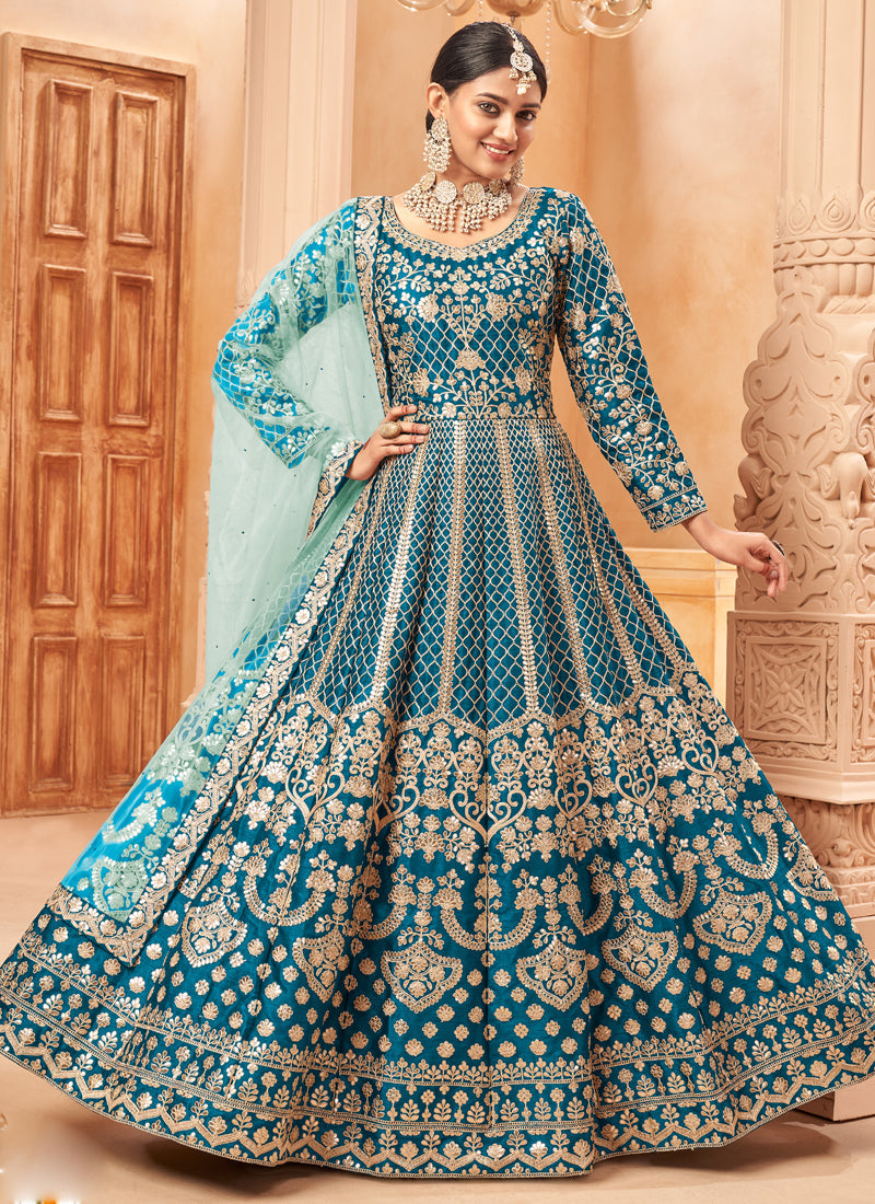 Turquoise Art Silk Embroidered Anarkali Suit Set
